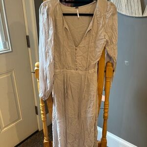 Free People Light Beige Long Sleeve V-Neck Midi Dress